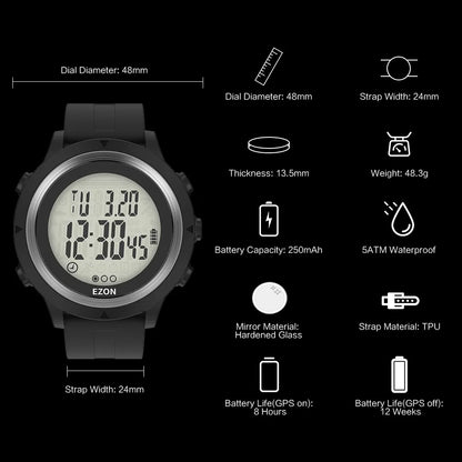 GPS Men's Digital Sport Watch | Heart Rate Monitor | Waterproof 50M