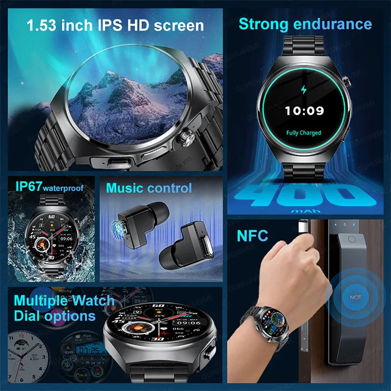 2-in-1 Smartwatch with TWS Earbuds, Heart Rate & Blood Oxygen Monitor, Bluetooth Call, NFC