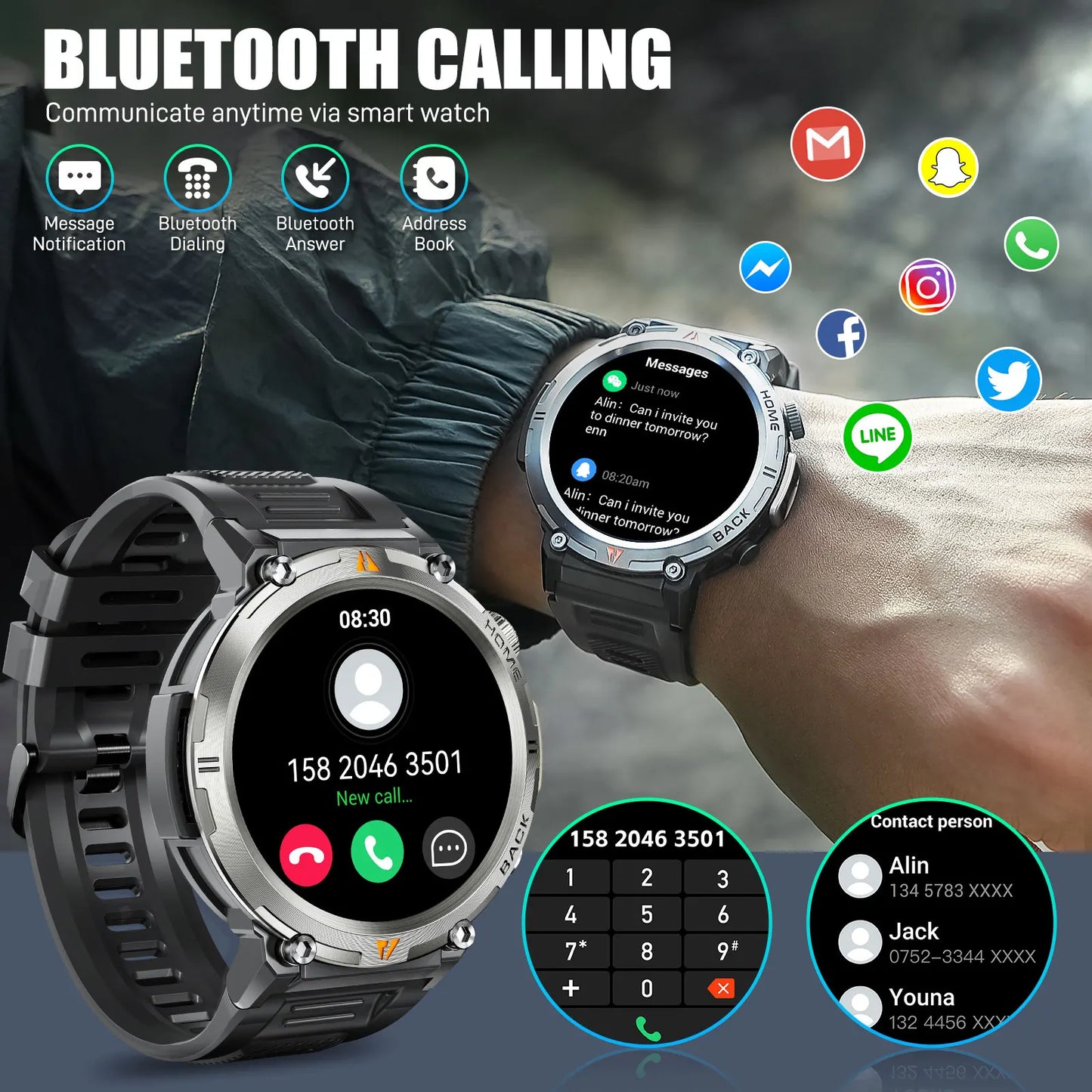 2024 Smart Watch for Men - 3ATM Waterproof, Bluetooth Call, Health Monitor, Sport Design