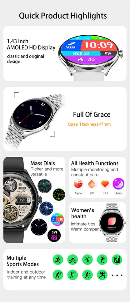 Super Thin Smart Watch MT55 1.43" AMOLED, Bluetooth Call, Heart Rate Monitor, Voice Assistant