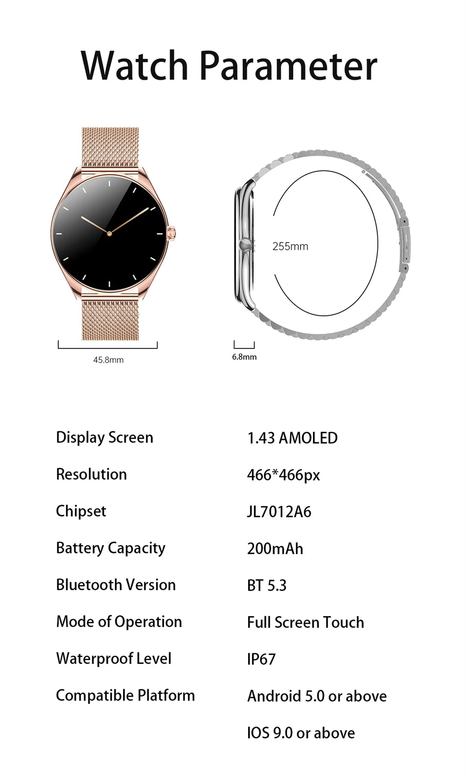 Super Thin Smart Watch MT55 1.43" AMOLED, Bluetooth Call, Heart Rate Monitor, Voice Assistant