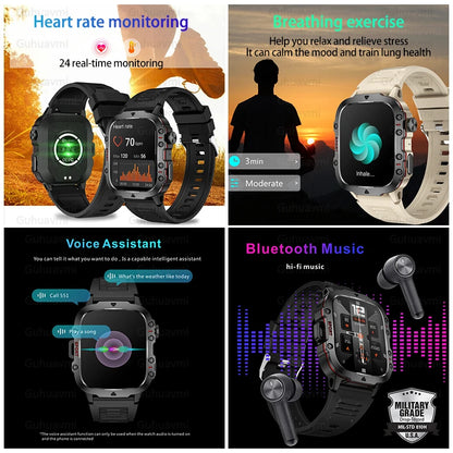 Rugged Military Bluetooth Smartwatch for Men | Sport Heart Rate IP68 Waterproof | Android & iOS Compatibility.