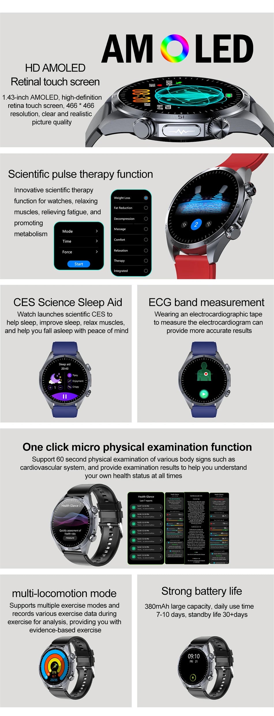 Pulse Physiotherapy CES Sleep Aid Smartwatch Men, ECG, HD Screen, Health Monitor, Bluetooth Call