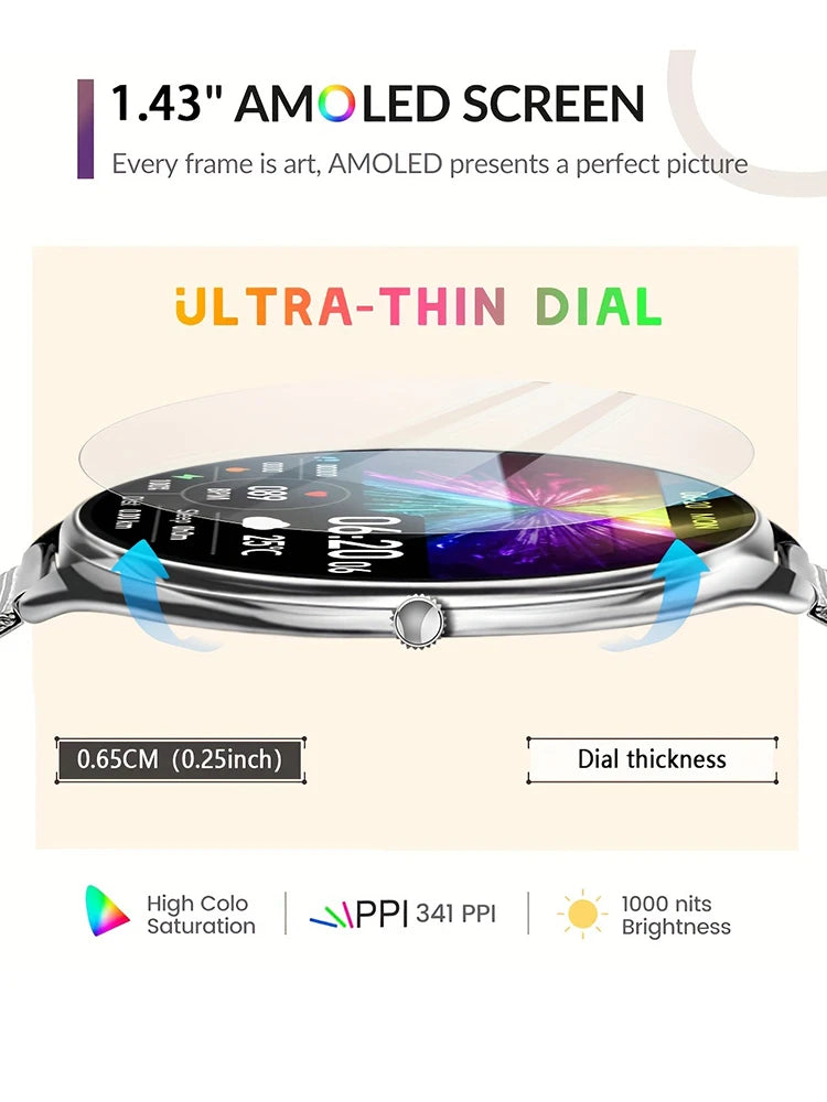 Super Thin Smart Watch MT55 1.43" AMOLED, Bluetooth Call, Heart Rate Monitor, Voice Assistant