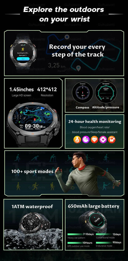 Military-Grade GPS Smartwatch: 1.45'' AMOLED Display, 100+ Sports Modes, Voice Calling