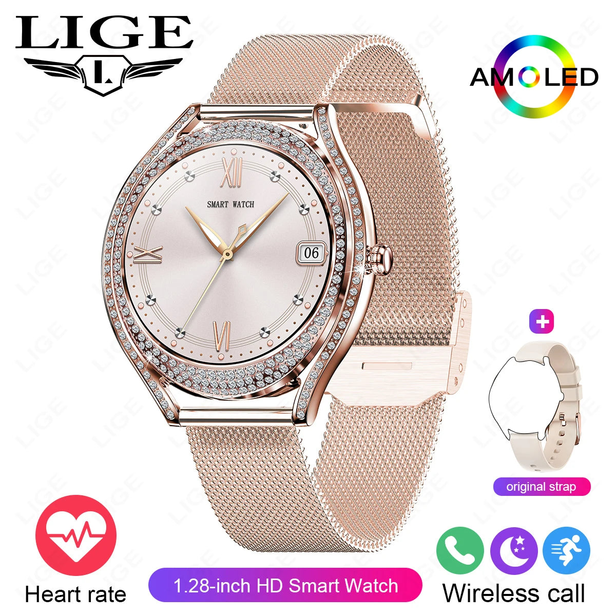 Fashion Smart Watch for Women | 1.28" AMOLED Fitness Tracker with HD Calling & Diamond Case