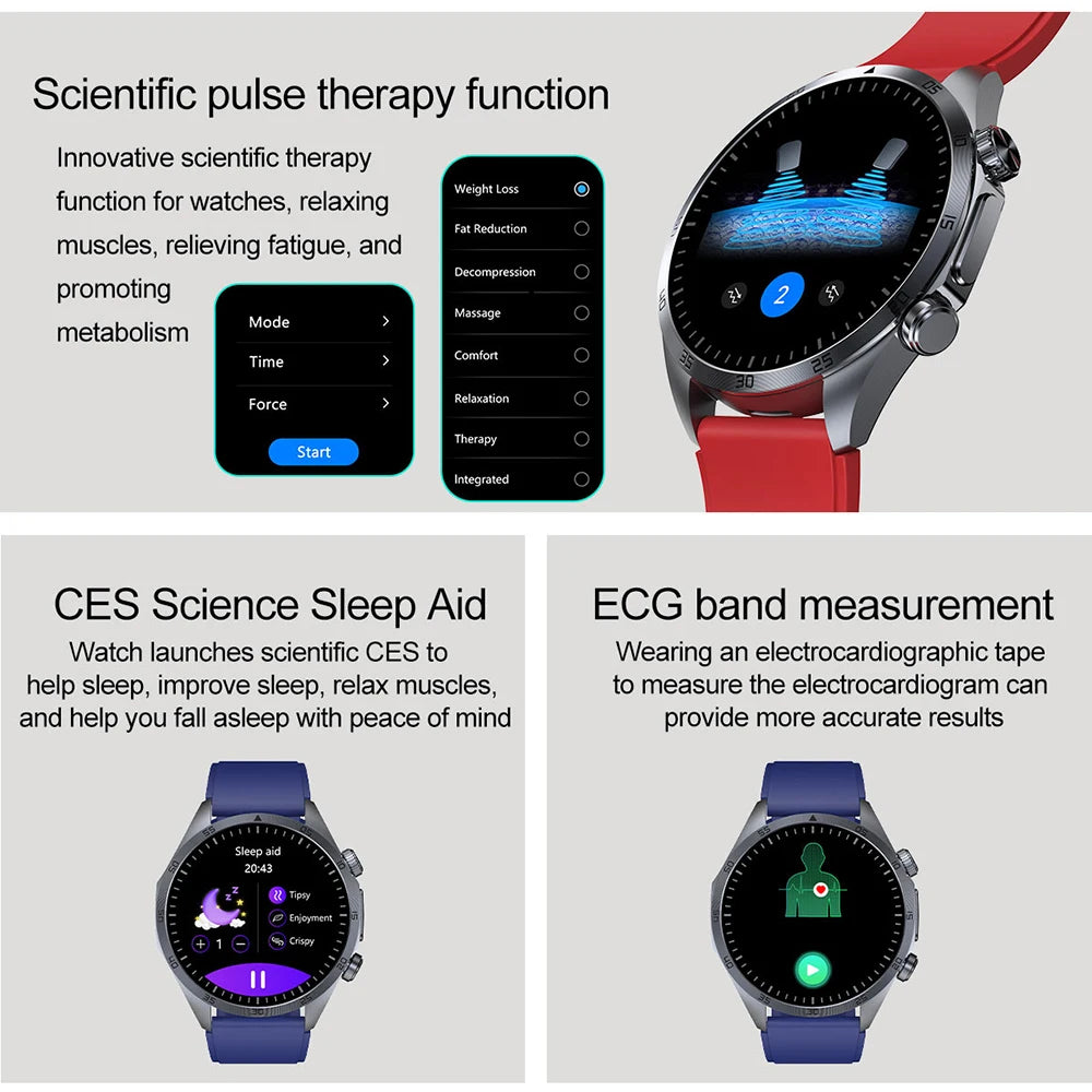 Pulse Physiotherapy CES Sleep Aid Smartwatch Men, ECG, HD Screen, Health Monitor, Bluetooth Call