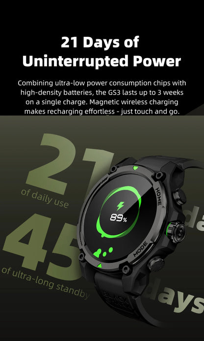 GS3 Smartwatch 1.43" AMOLED Display, 5ATM Waterproof, 21-Day Battery Life