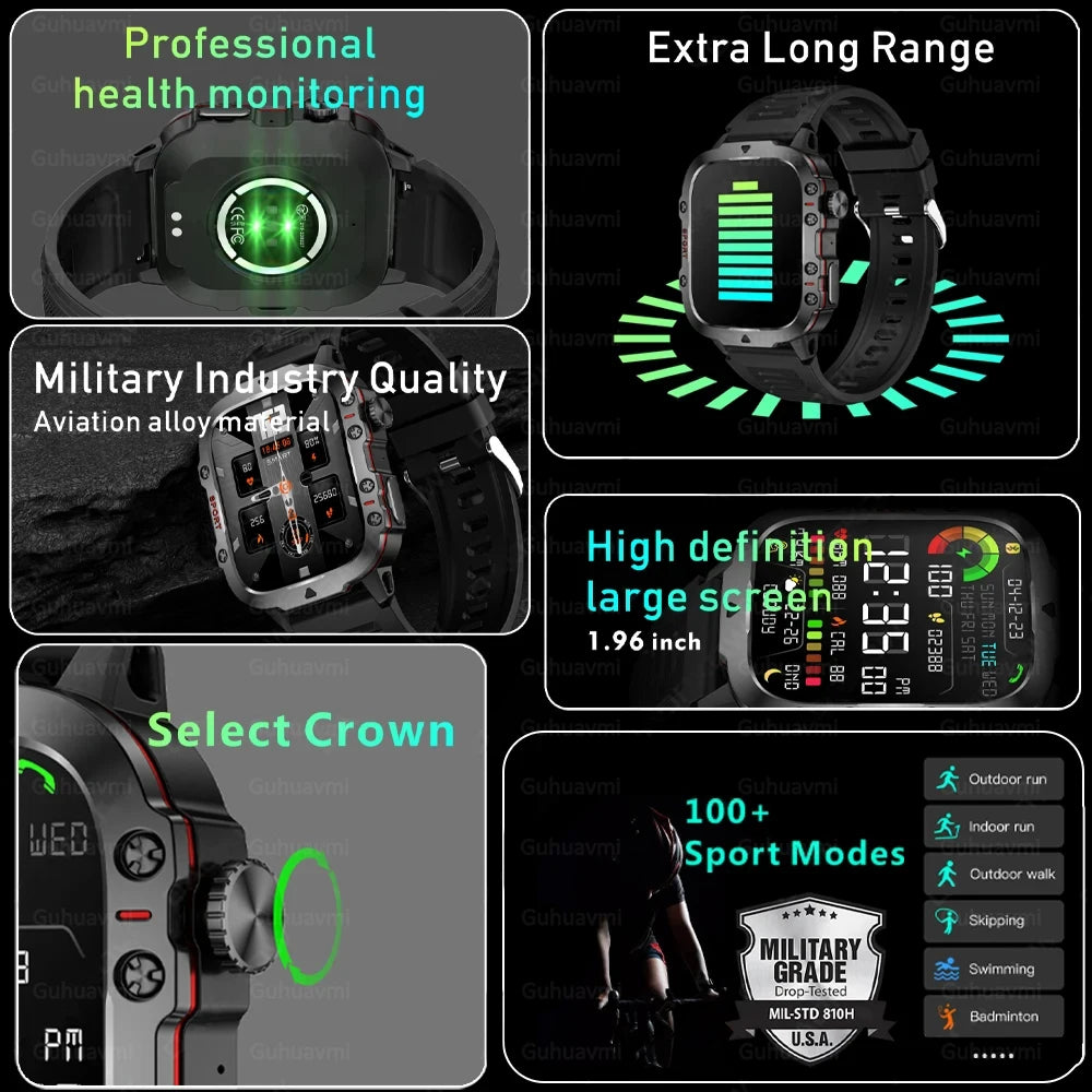 Rugged Military Bluetooth Smartwatch for Men | Sport Heart Rate IP68 Waterproof | Android & iOS Compatibility.