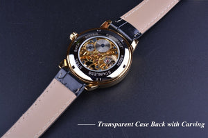 Men's Skeleton Mechanical Watch | Men Luxury Engraving Leather Black Gold Case Wristwatch