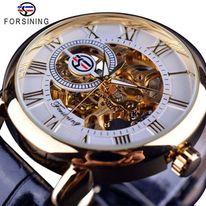 Men's Skeleton Mechanical Watch | Men Luxury Engraving Leather Black Gold Case Wristwatch
