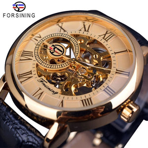 Men's Skeleton Mechanical Watch | Men Luxury Engraving Leather Black Gold Case Wristwatch