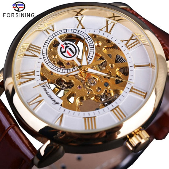 Men's Skeleton Mechanical Watch | Men Luxury Engraving Leather Black Gold Case Wristwatch.