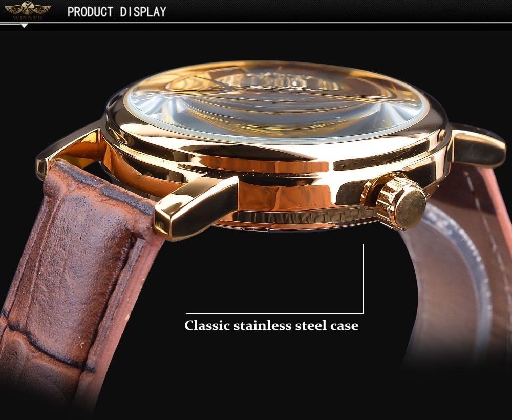 Men's Mechanical Watch | Skeleton Brown Leather Strap Casual Wristwatch.
