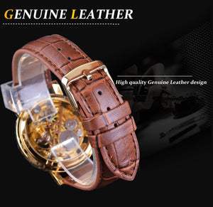 Men's Mechanical Watch | Skeleton Brown Leather Strap Casual Wristwatch