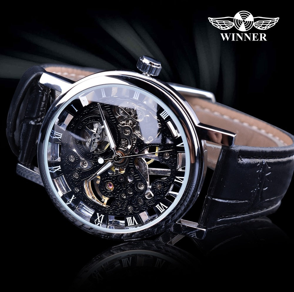 Men's Mechanical Watch | Skeleton Brown Leather Strap Casual Wristwatch