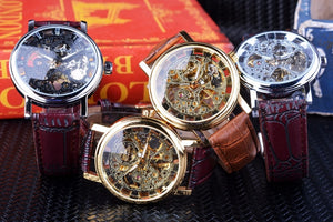 Men's Mechanical Watch | Skeleton Brown Leather Strap Casual Wristwatch