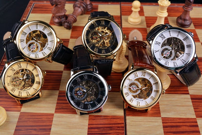 Men's Skeleton Mechanical Watch | Men Luxury Engraving Leather Black Gold Case Wristwatch