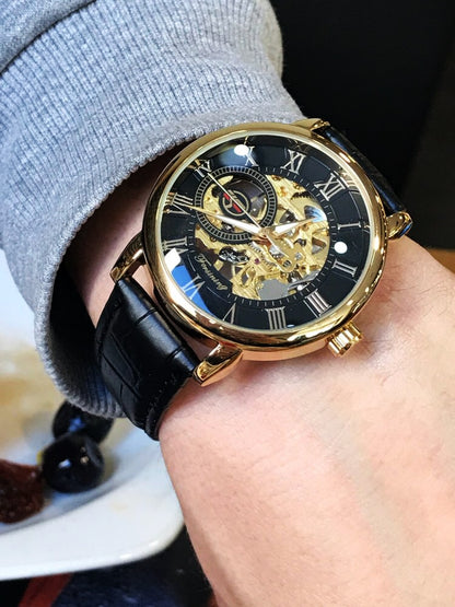 Men's Skeleton Mechanical Watch | Men Luxury Engraving Leather Black Gold Case Wristwatch