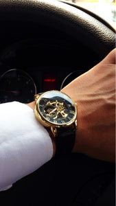 Men's Skeleton Mechanical Watch | Men Luxury Engraving Leather Black Gold Case Wristwatch