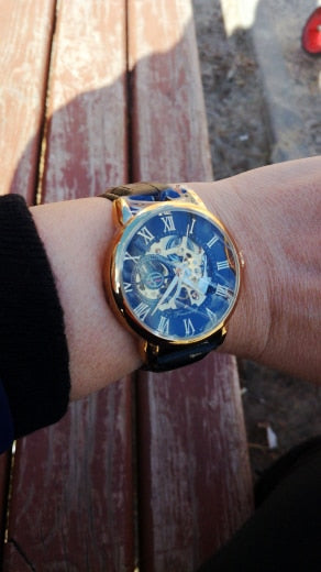 Men's Skeleton Mechanical Watch | Men Luxury Engraving Leather Black Gold Case Wristwatch.
