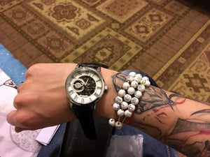 Men's Skeleton Mechanical Watch | Men Luxury Engraving Leather Black Gold Case Wristwatch