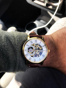 Men's Skeleton Mechanical Watch | Men Luxury Engraving Leather Black Gold Case Wristwatch