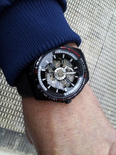 Automatic Mechanical Men's Watch | Sport Rotating Bezel Silicone Band Black Wristwatch.