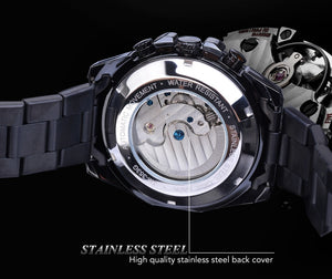Automatic Mechanical Men's Watch | Self Wind Skeleton Moon Phase Calendar Steel Strap Watch