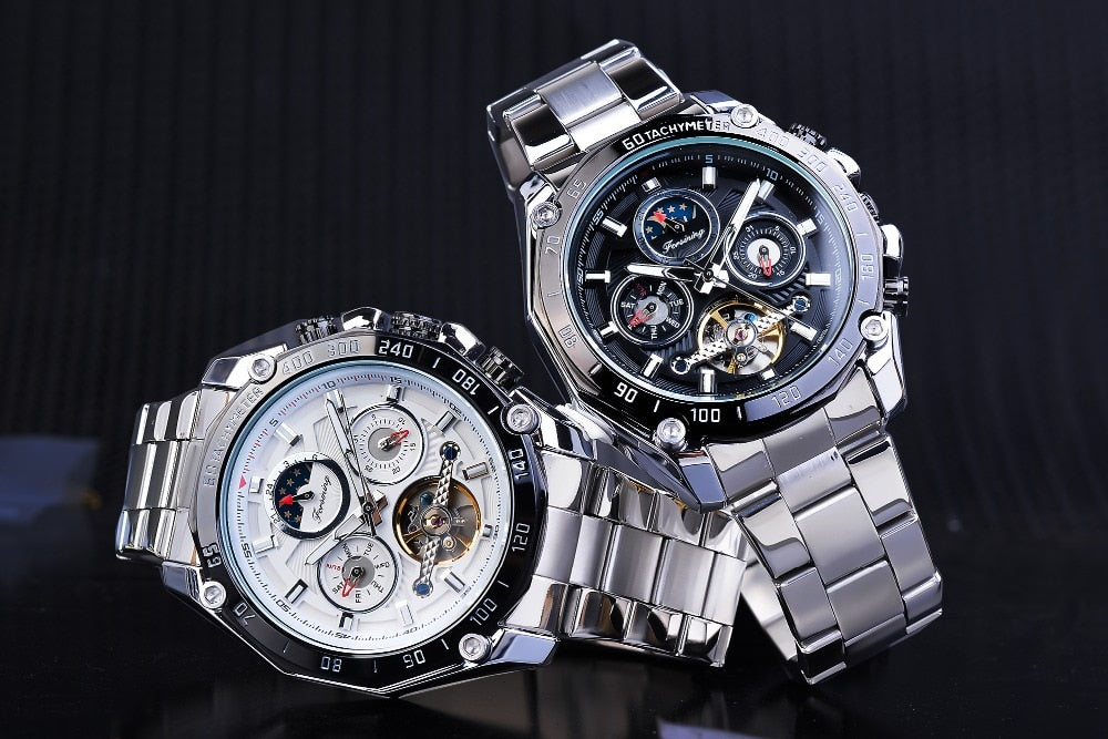 Automatic Mechanical Men's Watch | Self Wind Skeleton Moon Phase Calendar Steel Strap Watch.